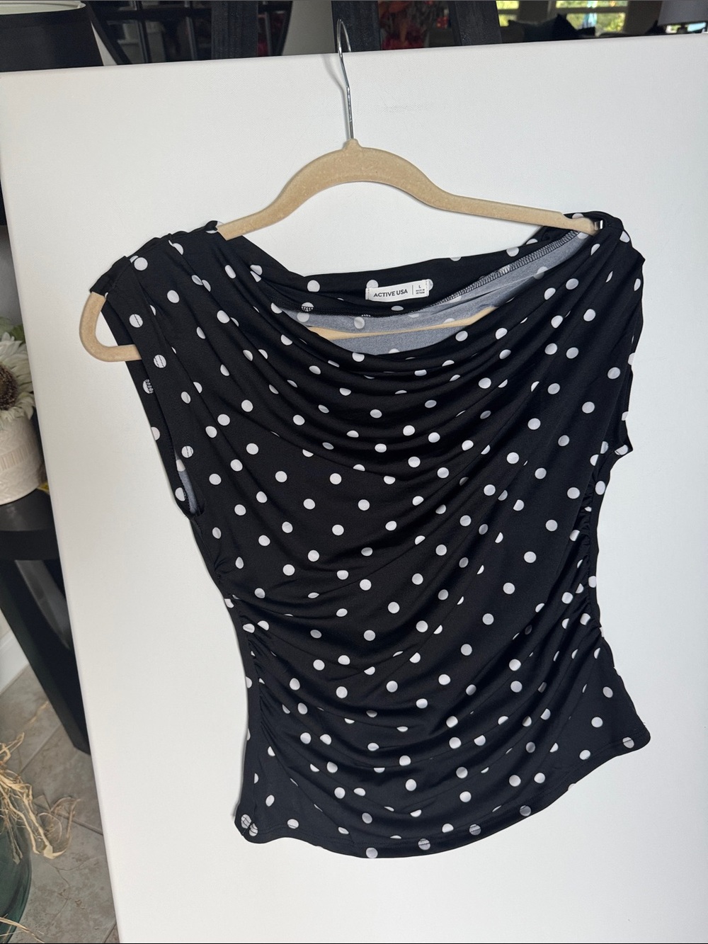 Active USA Black and White Polka Dot Draped Neck Sleeveless Top